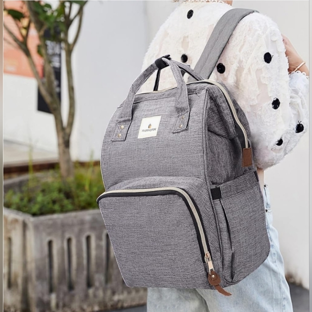 Ramhorn Diaper Bag Backpack – Heather Grey, Large Capacity, Stroller Clips